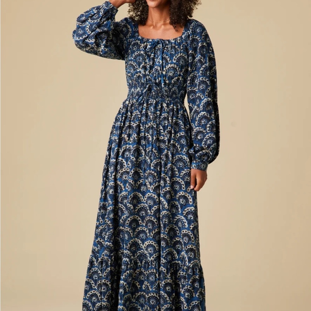 NWOT Blue Block Print Maxi Dress with Smocked Waist and Long Sleeves